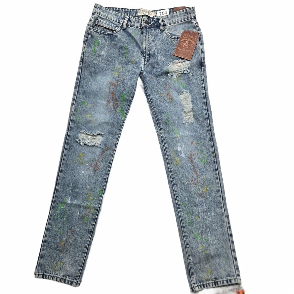 Akademiks Jeans Jeanius Level Products Mens 34x32 Blue Denim NWT Distressed